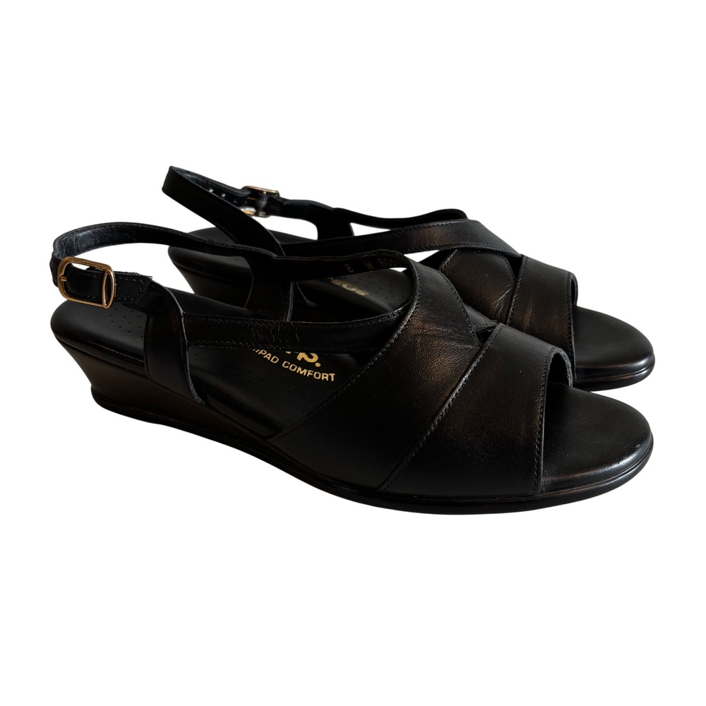 SAS Tripad Comfort Black Leather Wedge Sandals Womens 8 Wide Slingback Made USA - Picture 1 of 9
